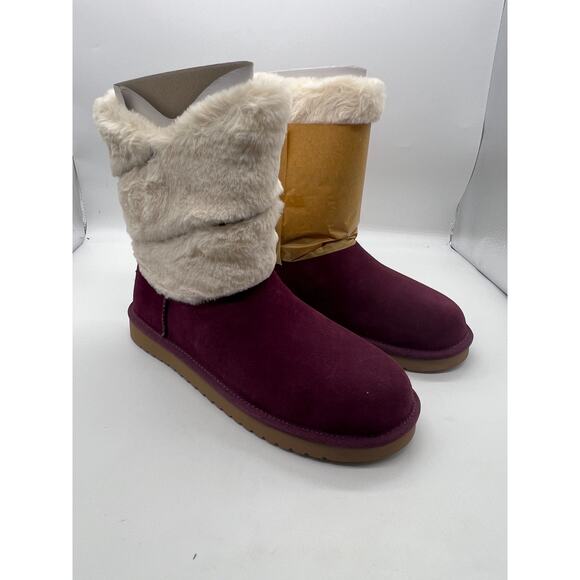 Koolaburra by UGG Suede Faux Fur Short Boots Dezi Plum White Size 10 NIB - Picture 1 of 10